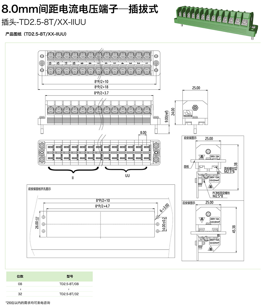8.0mm間距電流電壓端子-插拔式插頭TD2.5-8T/XX-IIUU(圖1)
