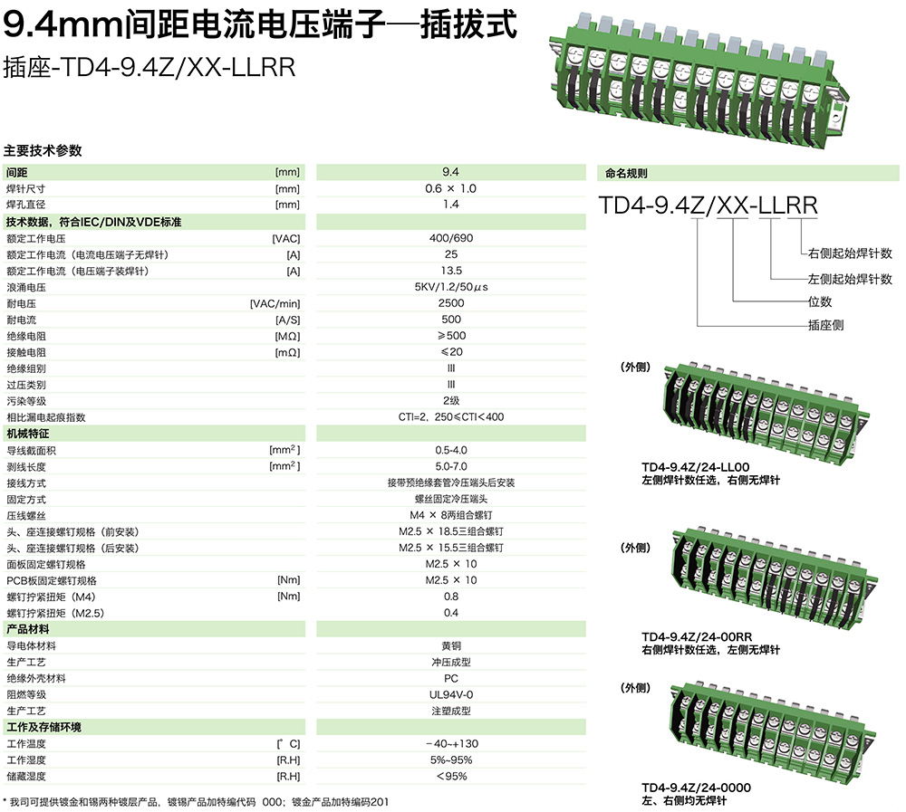 9.4mm間距電流電壓端子-插拔式插座TD4-9.4Z/XX-LLRR(圖1)